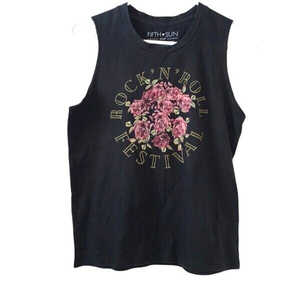 Rock N Roll Festival Sleeveless Graphic Tee By Fifth Sun Black Tank Top - Picture 1 of 6